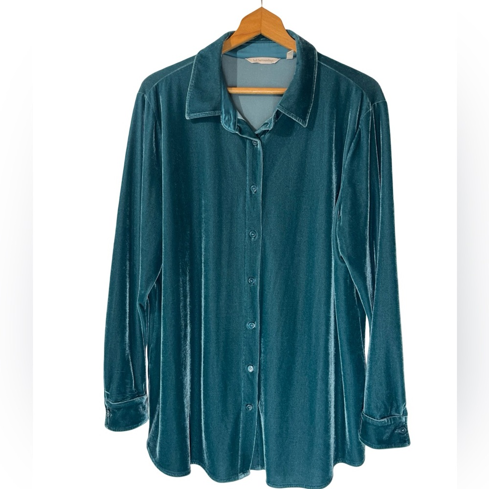 Soft Surroundings Teal Velvet Button-Down Shirt